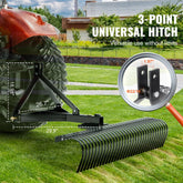 Pull Behind Thatch Remover 60in Wide with 32 Steel Prongs Tractor Compatible 3 Point Hitch Garden Rake for Soil Preparation and Grass Maintenance